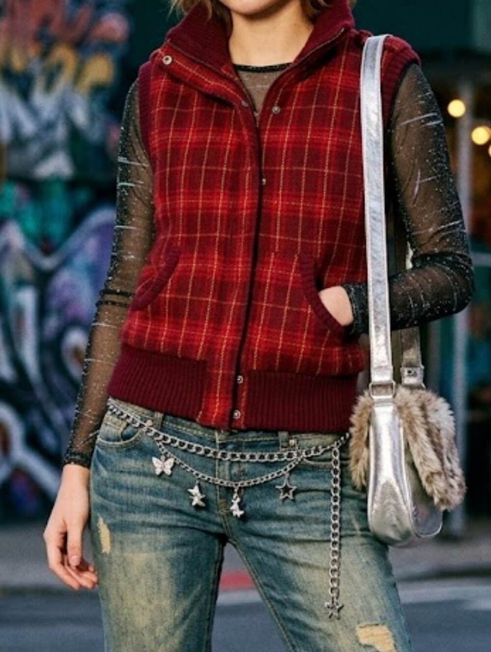 VTG Mossimo Y2K Retro Plaid Burgundy Multi Color Knit Sweater Vest Small